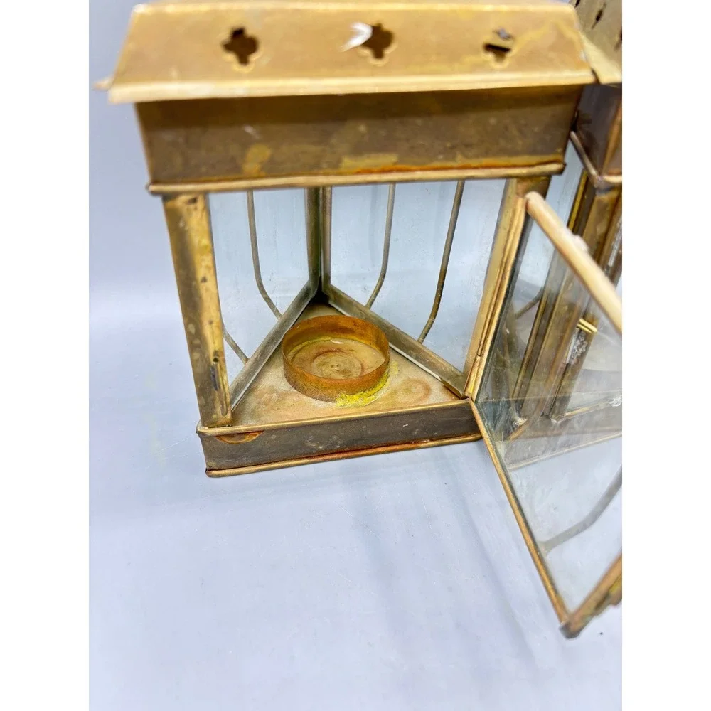 Pair of Vintage Brass Lanterns Candle Holders Glass Panels Decorative Accent